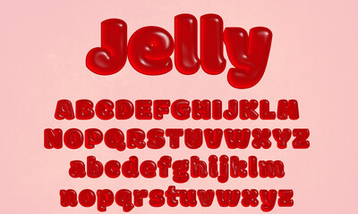 Red jelly alphabet letter set with glossy surface, textured 3D display font, bold typeface, tasty candy fruit gum abc, creative uppercase and lowercase typography for poster, banner, promotion 