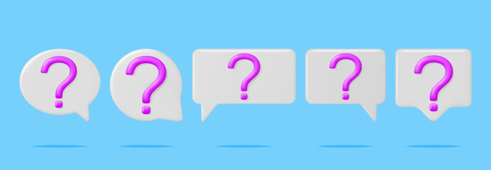 3D Set of Speech bubble with Question Mark Isolated. Render Question Symbol. Thin Realistic Icon. Concept of FAQ, Support and Help. Problem, Survey, Information. Vector Illustration