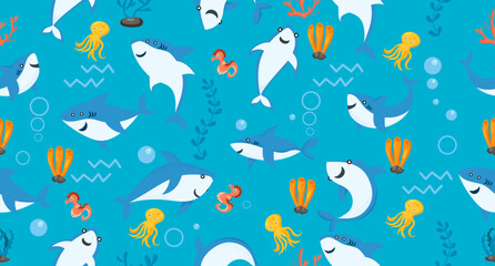 Naklejka na ściany i meble cute sharks pattern. cartoon shark, seaweed print. Sea wildlife, underwater world vector seamless texture