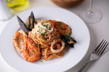 Spaghetti alla pescatora, seafood tomato sauce pasta