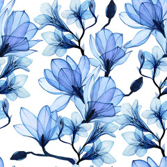 seamless watercolor pattern with blue transparent magnolia and freesia flowers. gentle vintage pattern, airy, x-ray.