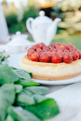 strawberry cake on a plate outside