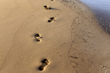 Fototapeta na wymiar Footprints in the sand on the city beach.