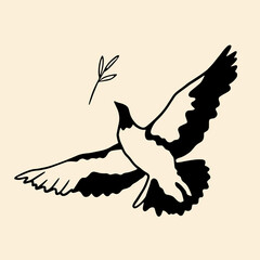 Peace concept vector illustration. Flying bird with olive branch art. Dove of peace doodle illustration