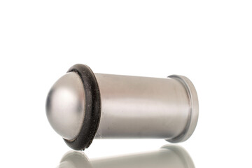 One metal door stop, close-up, isolated on a white background.