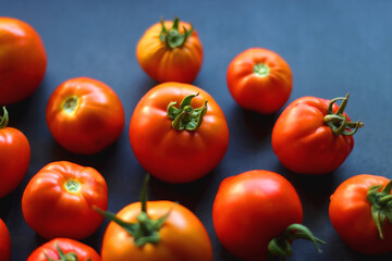 Fresh organic tomatoes, picked from the garden, on dark background. Selective focus.