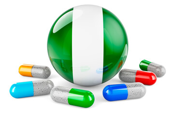 Pills capsules with Nigerian flag. 3D rendering
