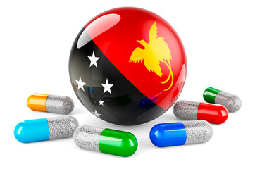 Pills capsules with Papuan New Guinean flag. 3D rendering