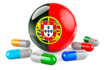 Pills capsules with Portuguese flag. 3D rendering