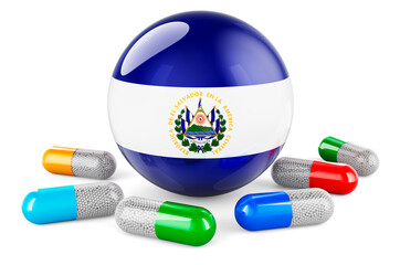 Pills capsules with Salvadoran flag. 3D rendering