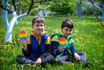 Naklejka na ściany i meble children playing with colorful toys Pop It. Boys on vacation. Tired of games, relaxing on the grass. Summer time for children, two boys friends at reboot together