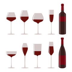 Red wine set. Glasses and bottle. Vector illustration with alcohol drinks concept. Isolated on white background