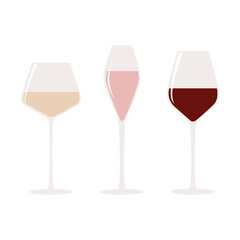 Wine set. Glasses. Vector illustration with alcohol drinks concept. Isolated on white background