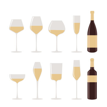 White wine set. Glasses and bottle. Vector illustration with alcohol drinks concept. Isolated on white background