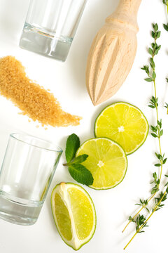 Mojito ingredients. Lime, mint and cane sugar isolated on white background. rosemary, thyme