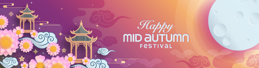 Mid autumn festival paper art style with full moon, moon cake, chinese lantern and rabbits on background. © Chef Kai Vector