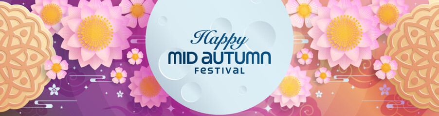 Mid autumn festival paper art style with full moon, moon cake, chinese lantern and rabbits on background. © Chef Kai Vector