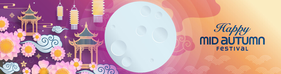 Mid autumn festival paper art style with full moon, moon cake, chinese lantern and rabbits on background. © Chef Kai Vector