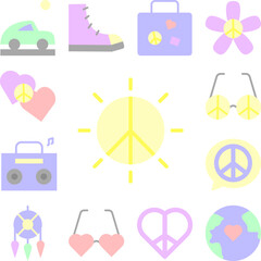 Sun, peace icon in a collection with other items
