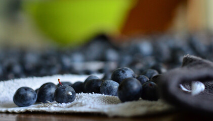 Blueberries on table with window relfection