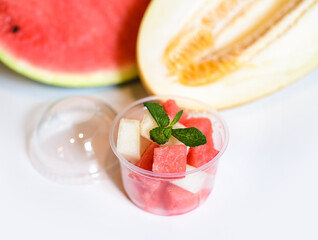melon and watermelon salad garnished with mint