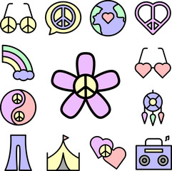 Flower, peace icon in a collection with other items