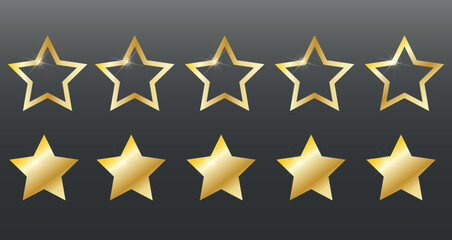 Gold star rating.star on black. Five  realistic gold metal icons with bright light effect. The concept of rating and evaluation of a product or service