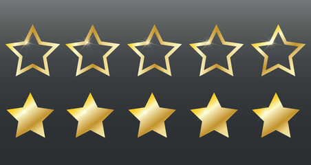 Fototapeta premium Gold star rating.star on black. Five realistic gold metal icons with bright light effect. The concept of rating and evaluation of a product or service