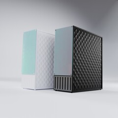 Illustration for web design depicting server hardware. System blocks of computer technology. 3d rendering.