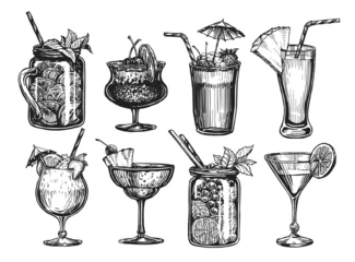 Foto op Plexiglas Hand drawn cocktails set isolated on white. Juice, alcoholic drinks in glasses. Illustration for restaurant or cafe menu © ~ Bitter ~