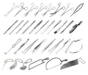Set of surgical instruments. Tweezers, scalpels,  saws, amputation  knives, microsurgical forceps and clamps, abdominal spatulas, hook, needle. Scissors of different shapes and purposes. Vector 