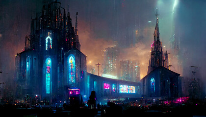 Fototapeta na wymiar Conceptual sketch of a cyberpunk cathedral illuminated in a dark and moody environment signal for the dark future and dystopian society in a metropole of the near future