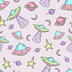 Obraz premium Ufo Seamless children's pattern vector. Galaxy illustration in cartoon style.
