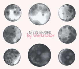 Vector Collection of moon phases painted in watercolor. Celestial bodies for design.