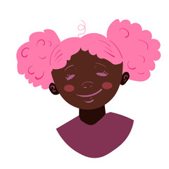 Cute little black girl with pink hair. Kid vector icon on white background.