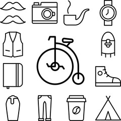 Obraz premium Penny farthing, transport icon in a collection with other items