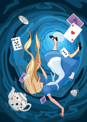 Fairy tale Alice in Wonderland. Alice falls into the rabbit hole - obrazy, fototapety, plakaty