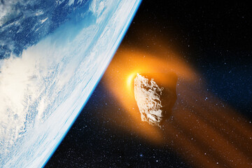 Planet Earth and big asteroid in the space. Potentially hazardous asteroids. Asteroid in outer...