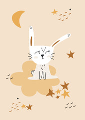 Sweet bunny sitting on the cloud. Hand drawn vector illustration for nursery poster. Printable wall decoration for kids.