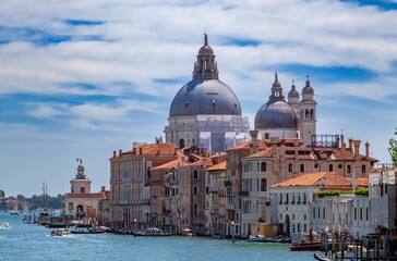 Fototapeta na wymiar Grand Canal and Basilica di Santa Maria di Salute in Venice, seen from Ponte dell’ Academia