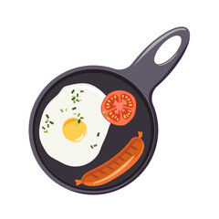 Breakfast. One fried egg, sausage and tomato in frying pan. Overhead view of isolated food. Vector illustration isolated on gray background. Flat design for menu, cafe, restaurant, recipe