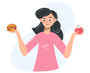 Girl chooses between healthy and unhealthy food concept flat vector illustration. Diet and healthy eating female cartoon character. A young woman thinks what to eat a hamburger or an apple.