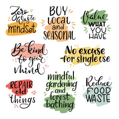 Set of handwritten brush calligraphy phrases about mindfulness, zero-waste, local and seasonal food - for journals, web banners, stickers, posters.