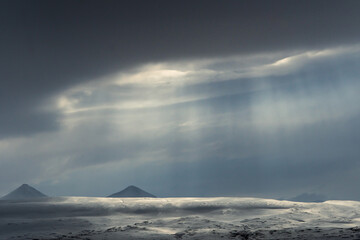 Panoramic view of Blue hour of the mountains, snow and Sea in Svalbard, Norway.