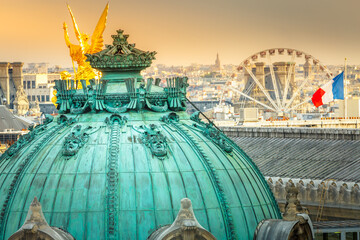 Panorama of architecture above cupola of opera in Paris, France