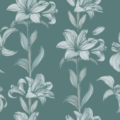 Lilies seamless background. pattern with hand-drawn fabric . Vector illustration