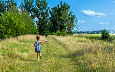 Beautiful little girl, run on the grass and launches a red toy plane. Little kid having fun during summer holidays. Childhood and travel vacation concept.