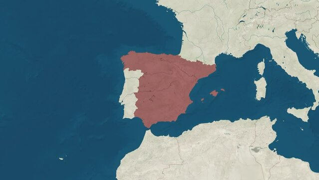Zoom in to the map of Spain with text, textless, and with flag