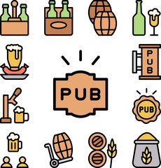 Pub sign, label icon in a collection with other items