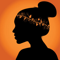 black silhouette of a woman with a wreath of autumn leaves, flowers and plants, fall illustration